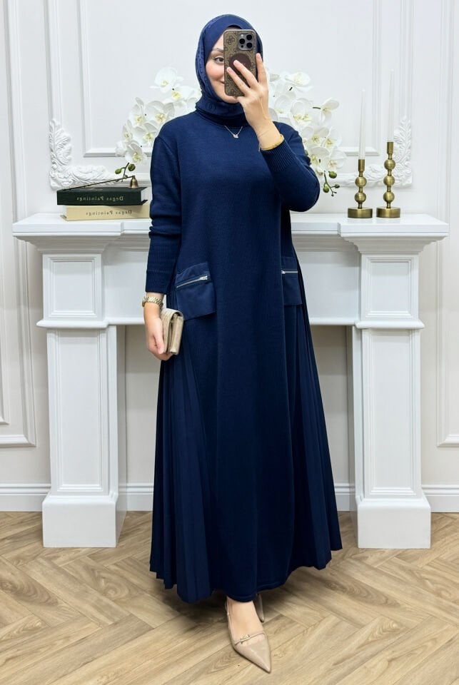 Sara Piliseli Triko Elbise Lacivert