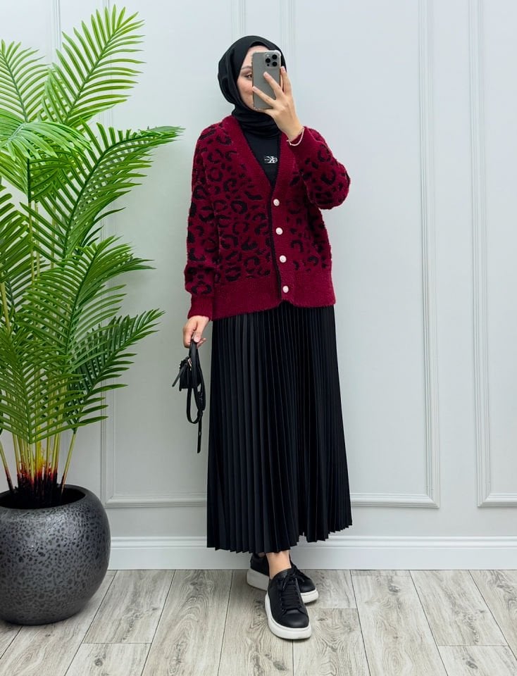 Bordo Leopar Hırka