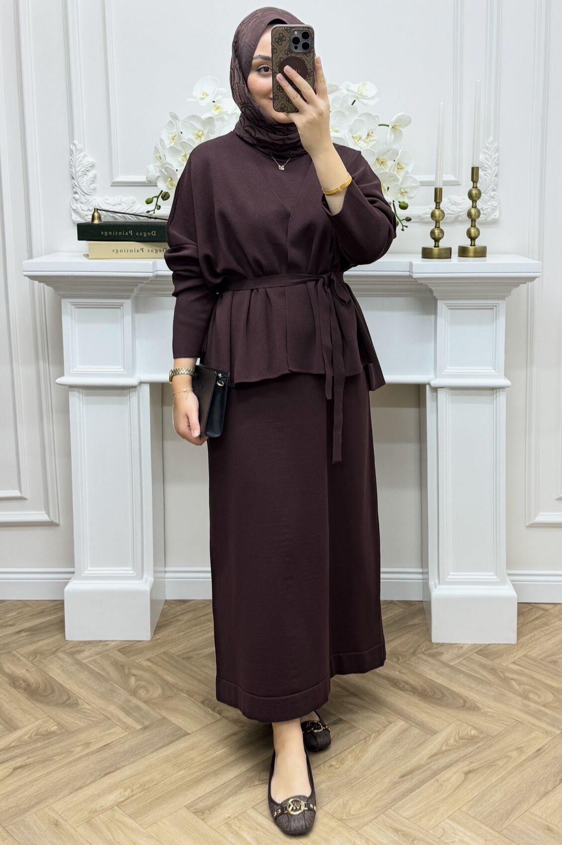 Lune İç Elbiseli Hırka Takım Kahve