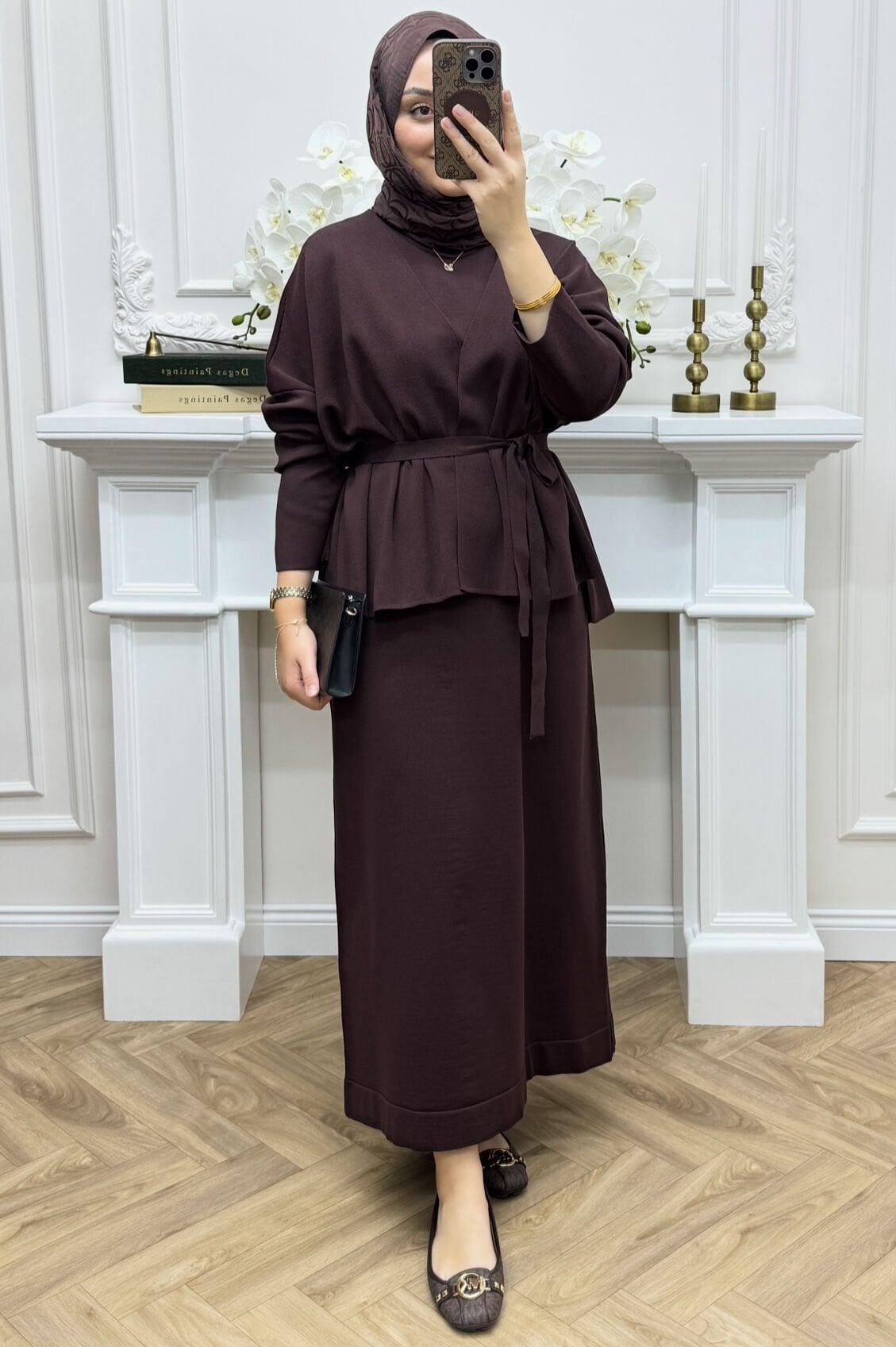 Lune İç Elbiseli Hırka Takım Kahve