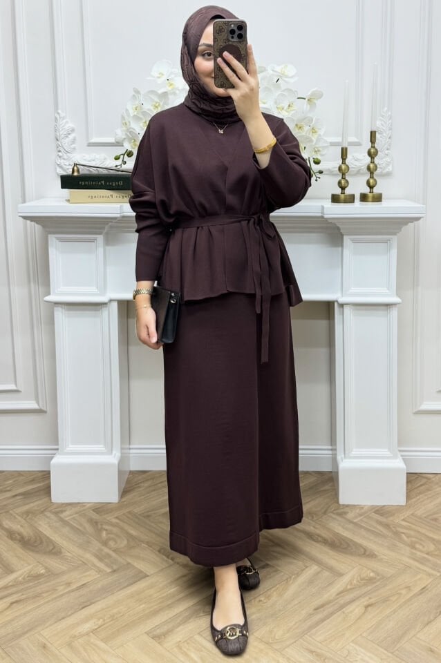 Lune İç Elbiseli Hırka Takım Kahve