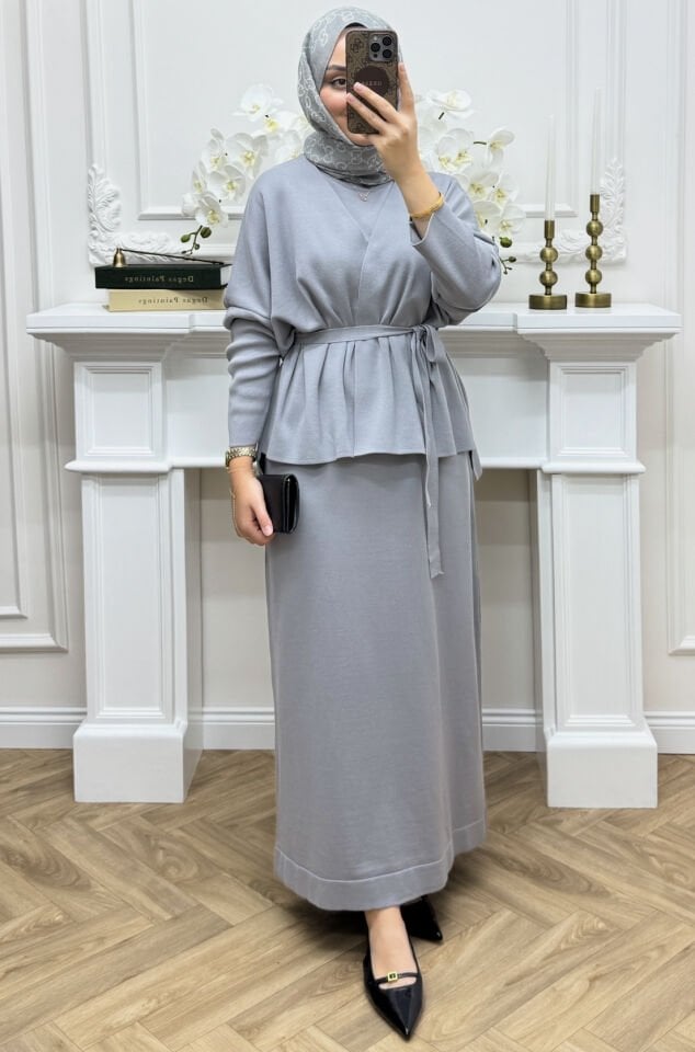 Lune İç Elbiseli Hırka Takım Gri