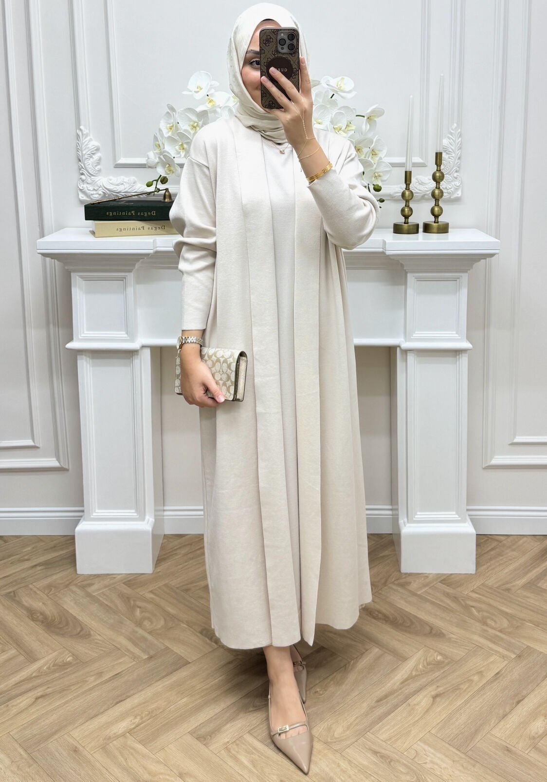 Fara İç Elbiseli Hırka Takım Ekru