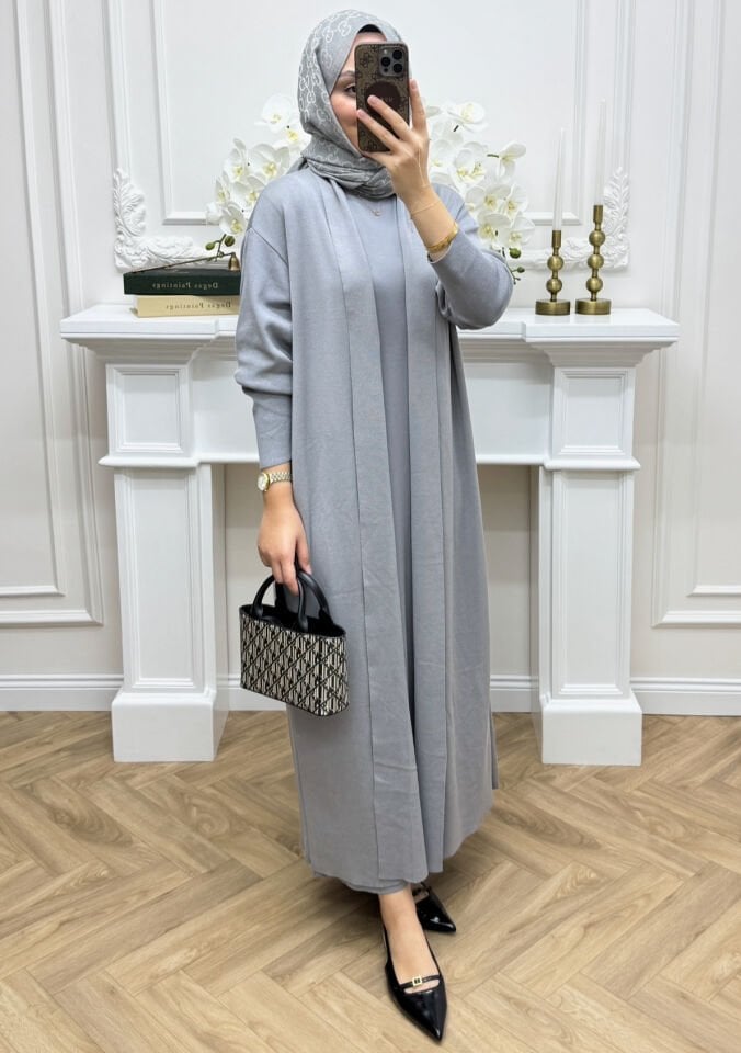 Fara İç Elbiseli Hırka Takım Gri