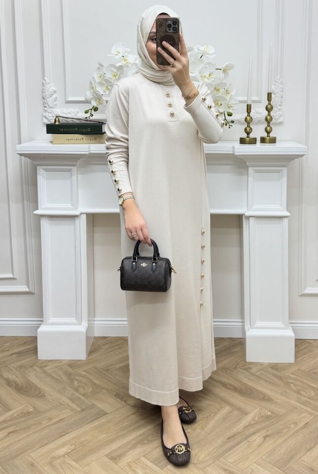 Leila Merserize Elbise Ekru