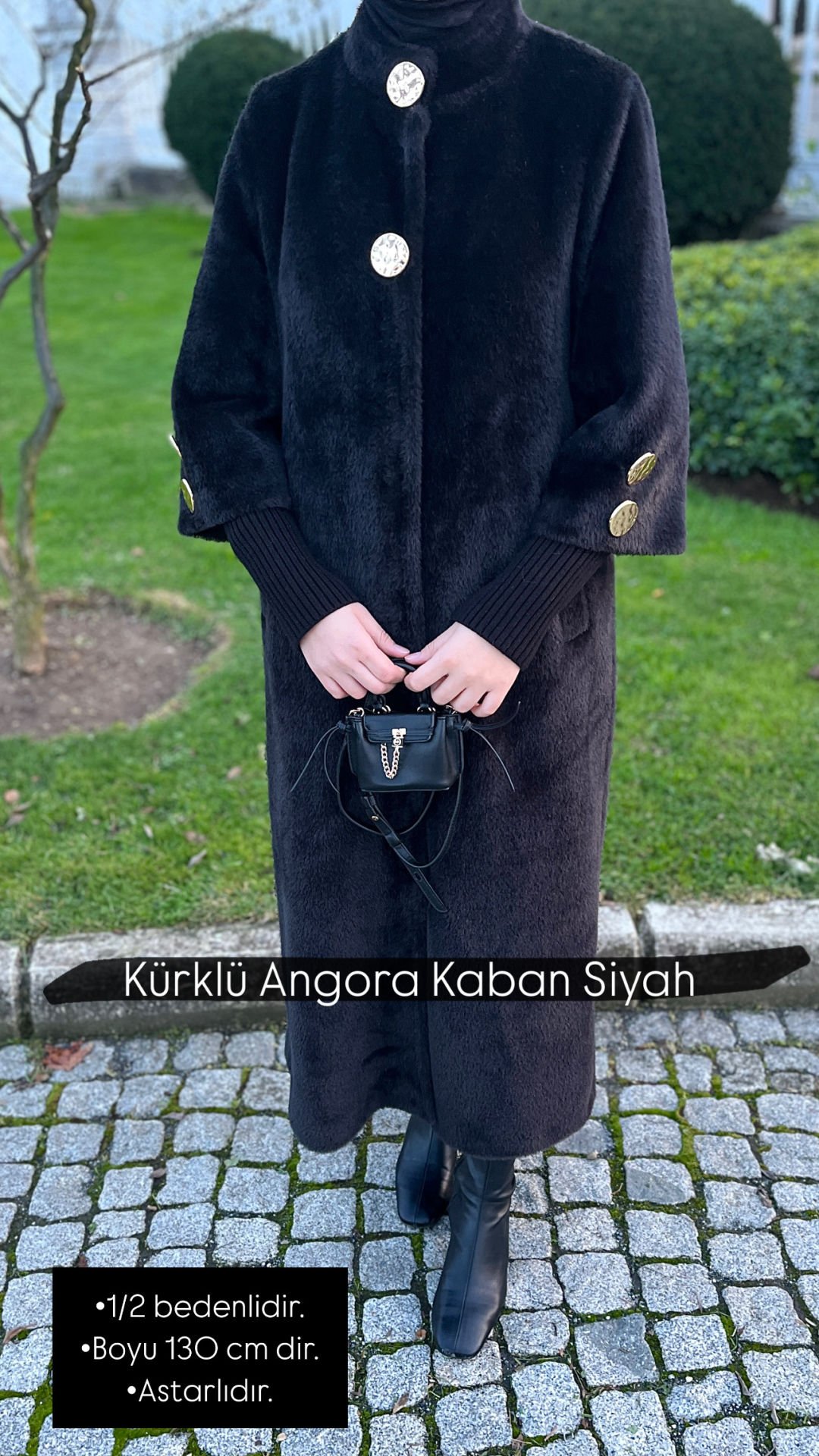 Gold Düğmeli Angora Kaban Siyah