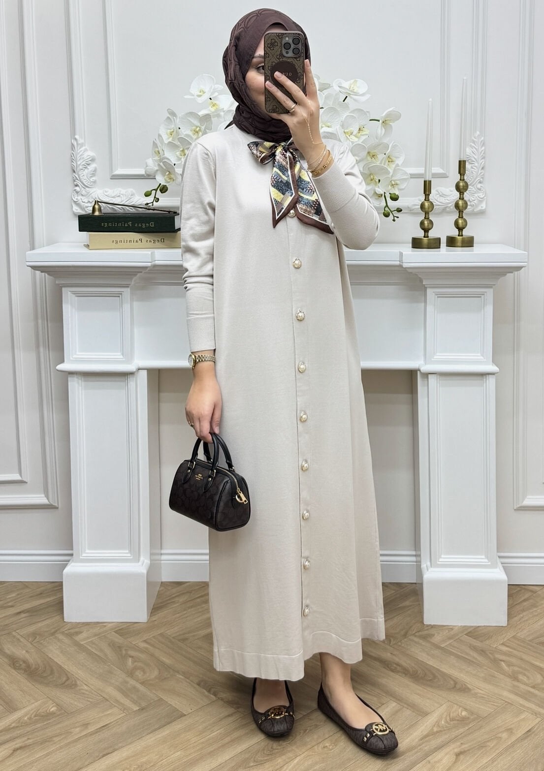 Elle Fularlı Merserize Elbise Ekru (Ön Sipariş)