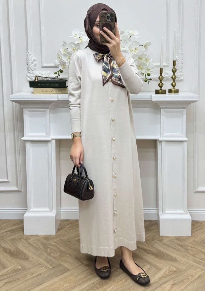 Elle Fularlı Merserize Elbise Ekru (Ön Sipariş)