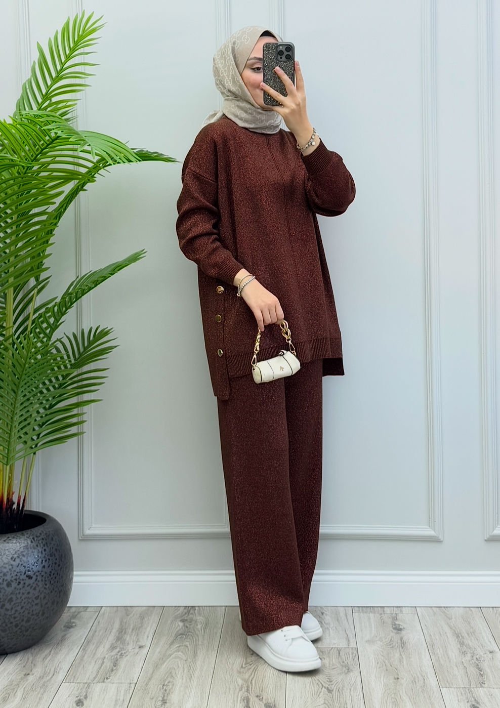 Pery Simli Triko Takım Kahverengi