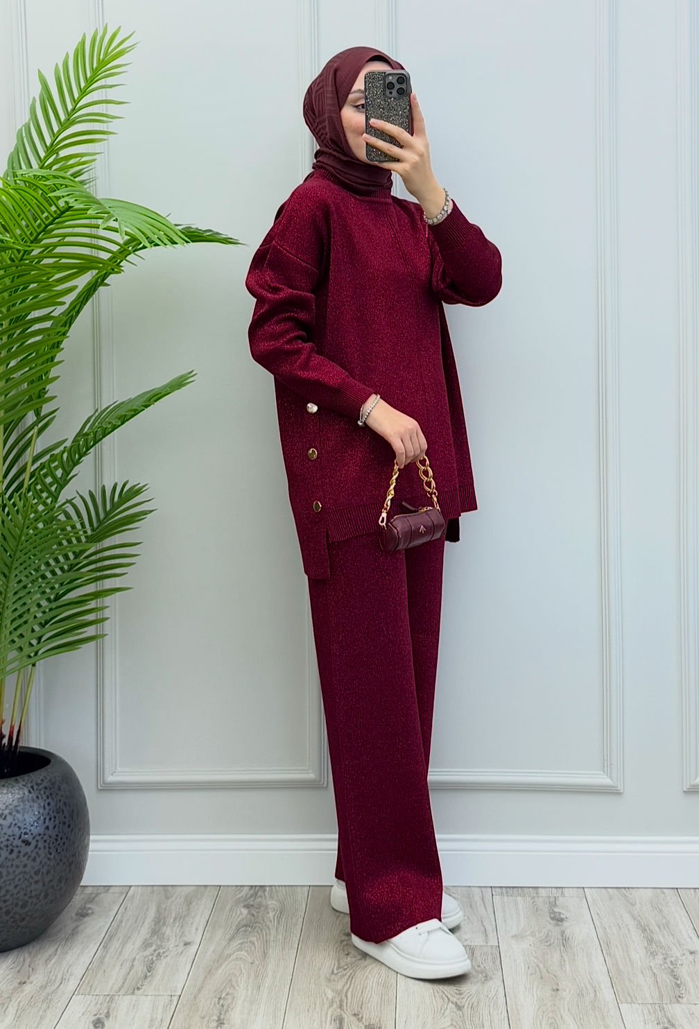 Pery Simli Triko Takım Bordo