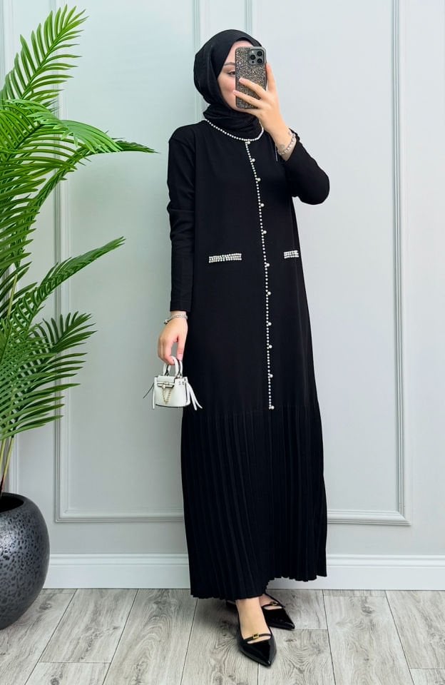 İncili Merserize Elbise Siyah