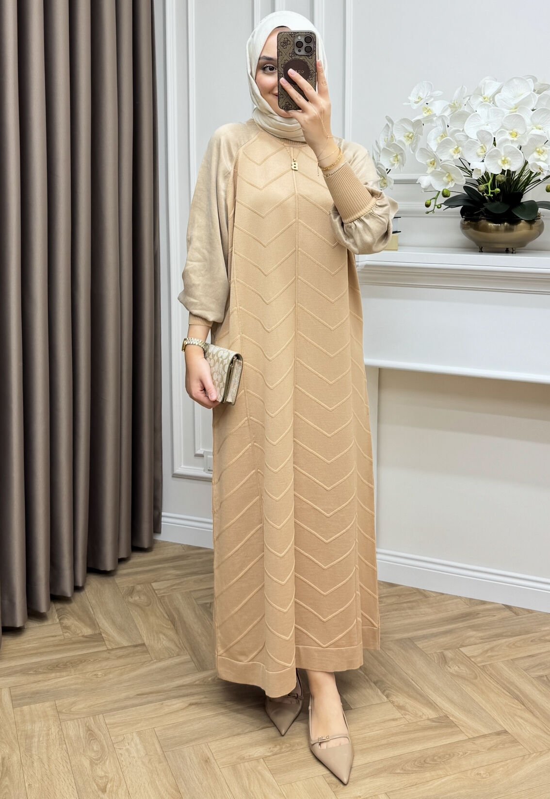 Vesta Merserize Elbise Bej