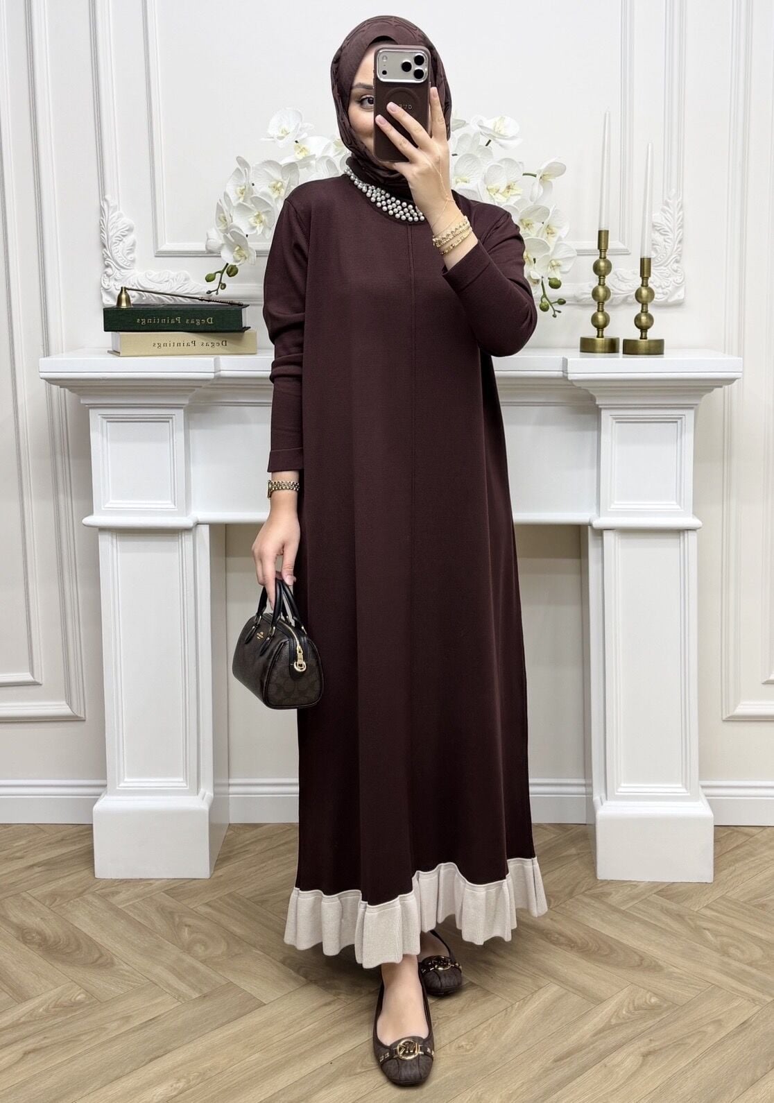 Alâ İncili Merserize Elbise Kahve