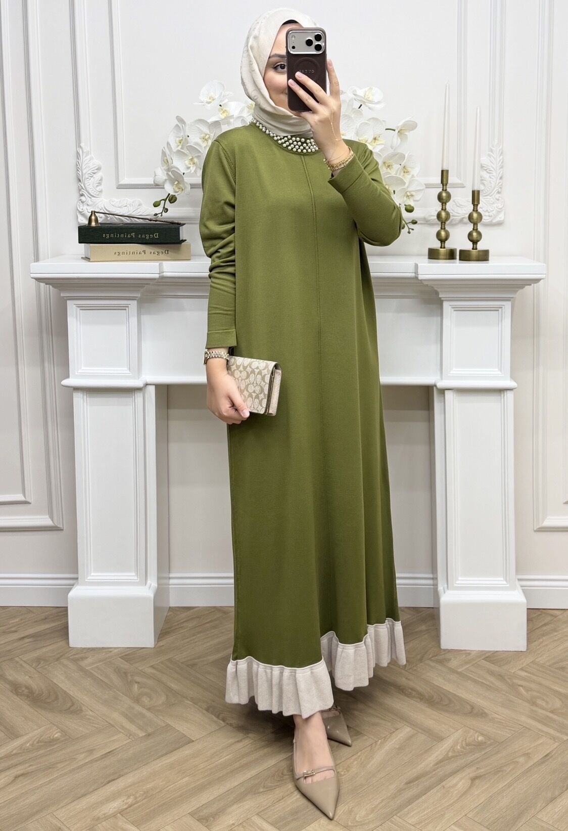 Alâ İncili Merserize Elbise Yağ Yeşili