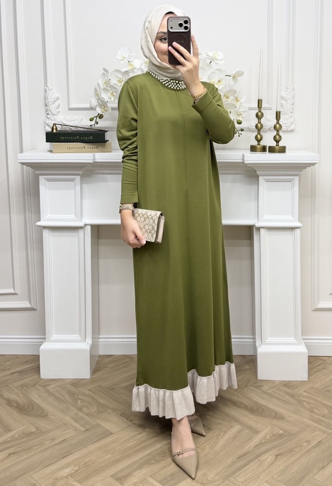 Alâ İncili Merserize Elbise Yağ Yeşili