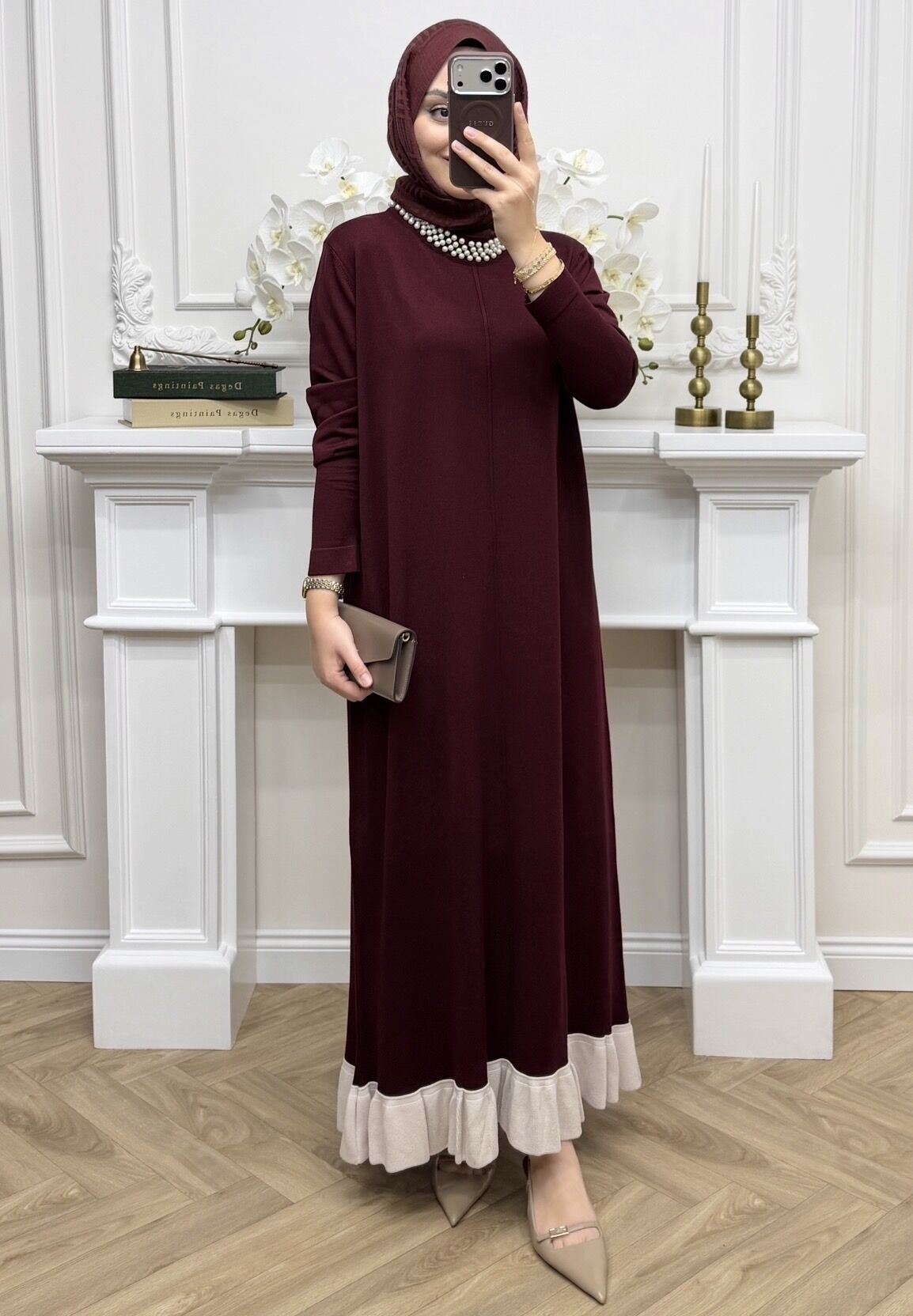 Alâ İncili Merserize Elbise Bordo