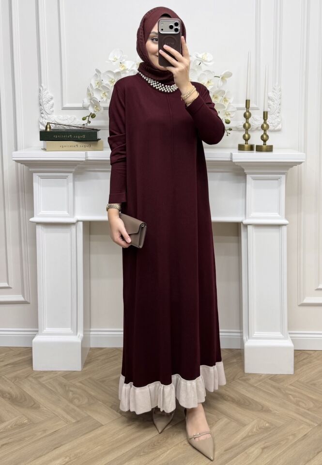 Alâ İncili Merserize Elbise Bordo