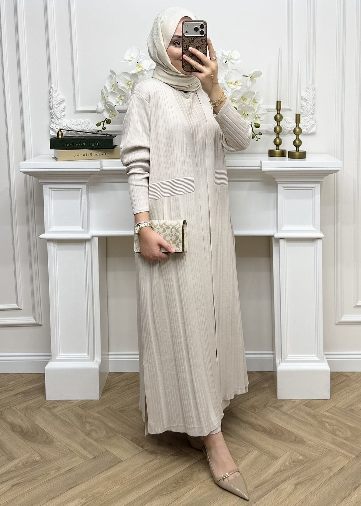 Mahel İç Elbiseli Hırka Takım Ekru