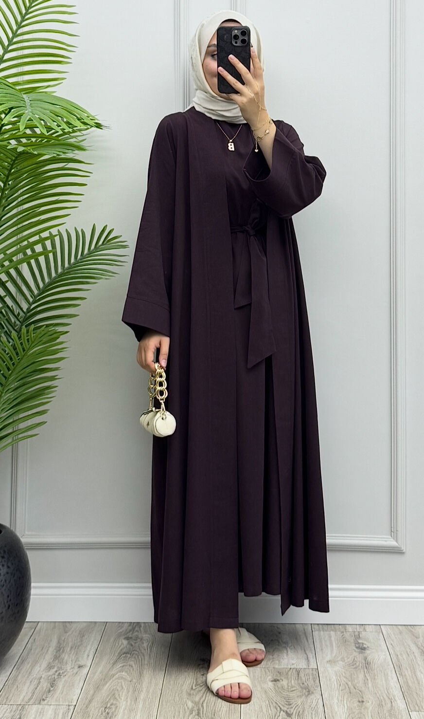 Loi Keten Abaya Takım Mürdüm