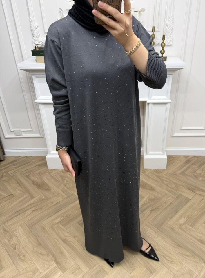 Valenti Taşlı Merserize Elbise Antrasit (Ön Sipariş)