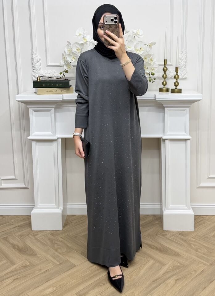 Valenti Taşlı Merserize Elbise Antrasit (Ön Sipariş)