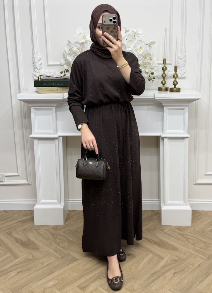 Valenti Taşlı Merserize Elbise Kahve