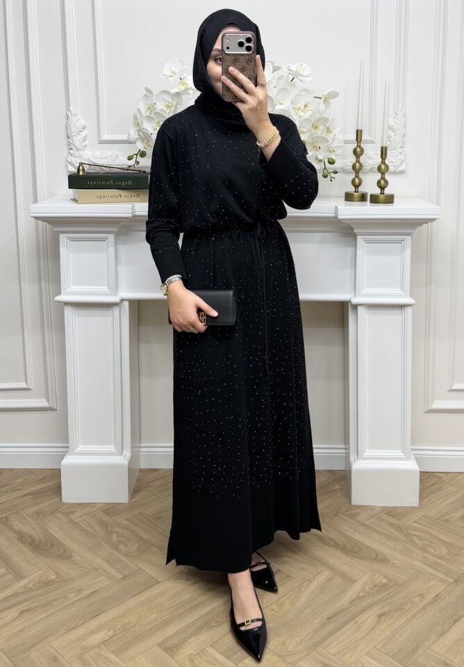 Valenti Taşlı Merserize Elbise Siyah (Ön Sipariş)