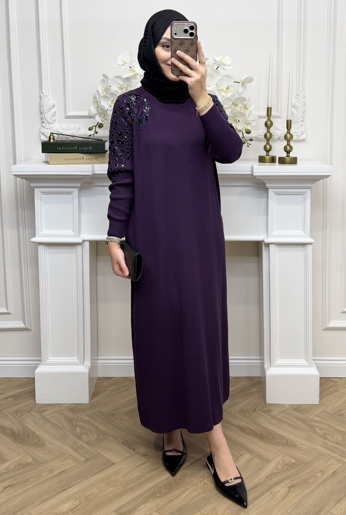 Parla Taş İşlemeli Elbise Mürdüm