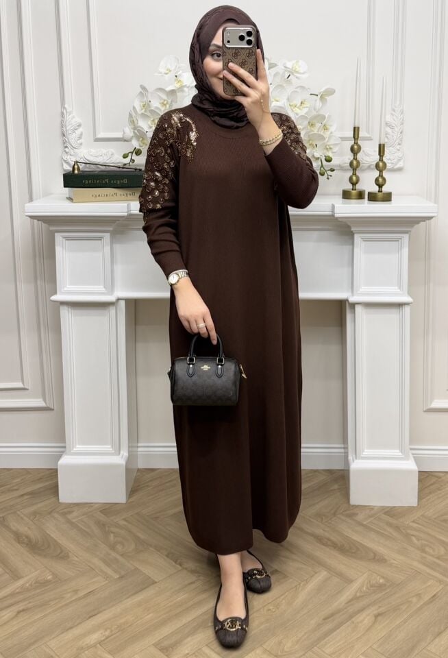 Parla Taş İşlemeli Elbise Kahve