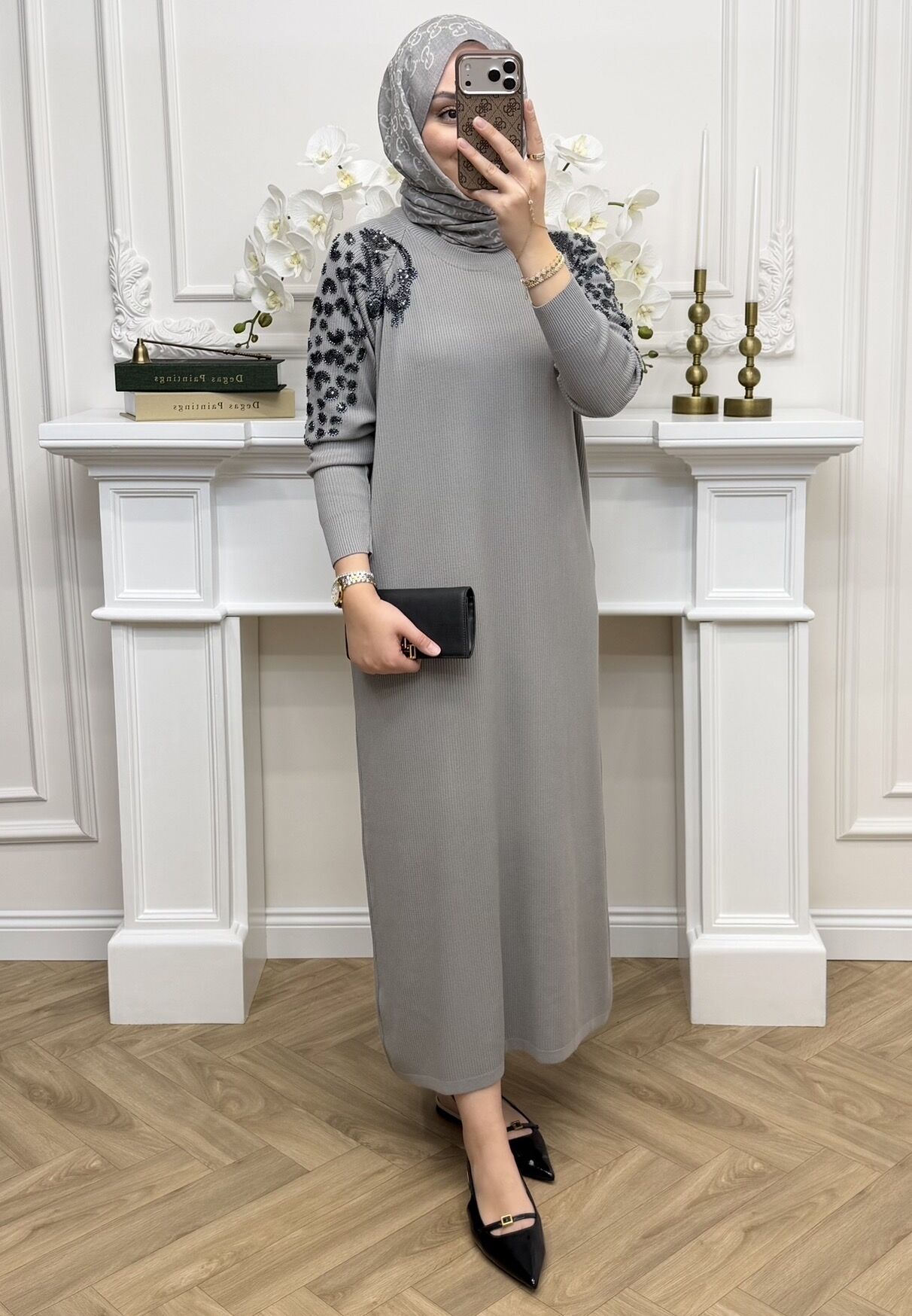 Parla Taş İşlemeli Elbise Gri