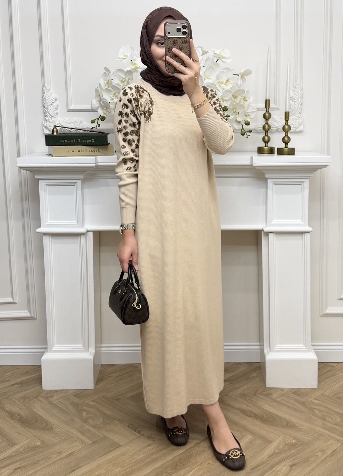 Parla Taş İşlemeli Elbise Krem