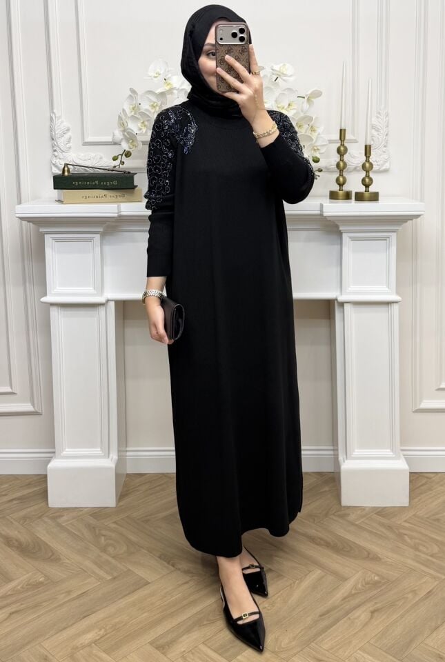 Parla Taş İşlemeli Elbise Siyah