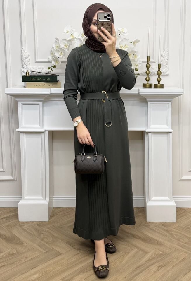 Nehir Kemerli Merserize Elbise Haki