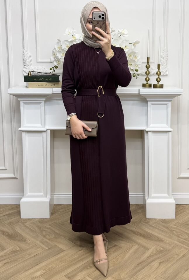 Nehir Kemerli Merserize Elbise Mürdüm