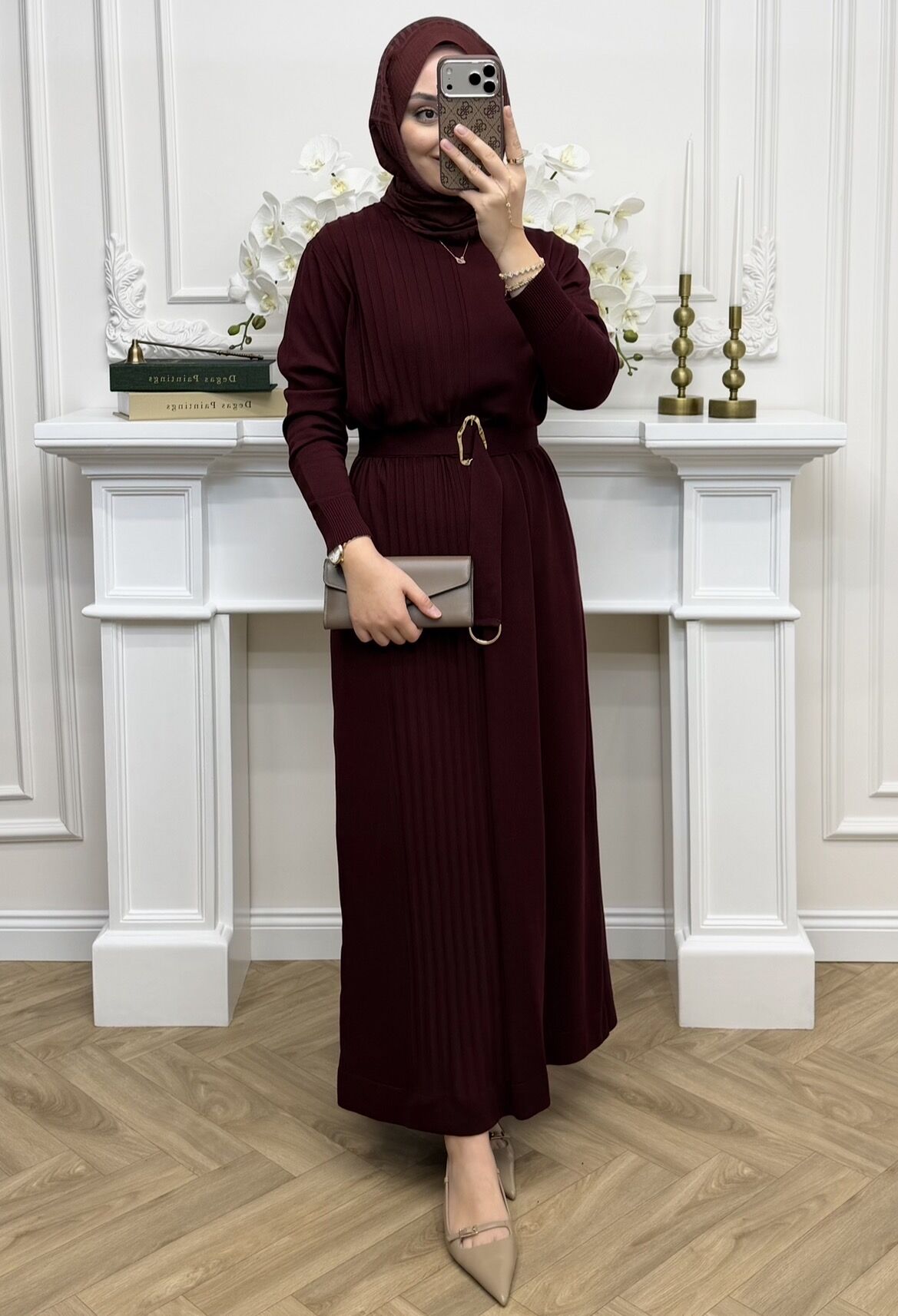 Nehir Kemerli Merserize Elbise Bordo