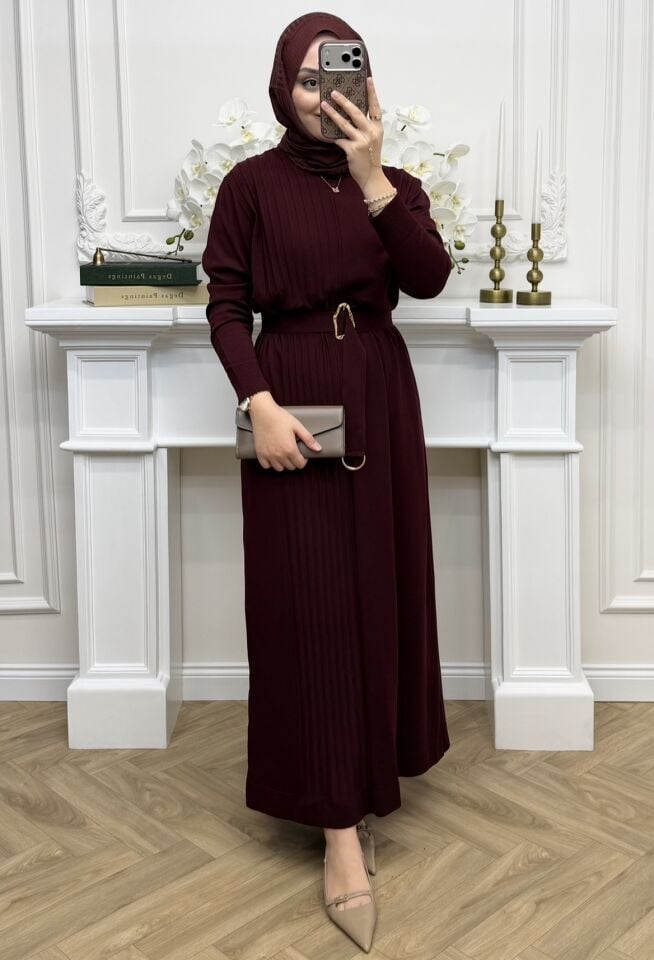 Nehir Kemerli Merserize Elbise Bordo