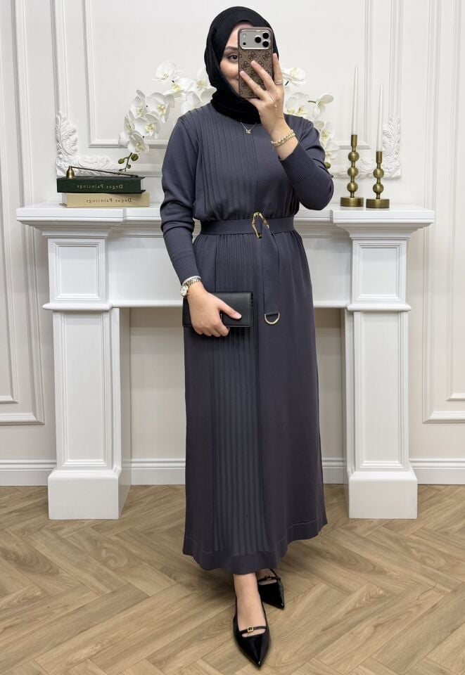 Nehir Kemerli Merserize Elbise Antrasit