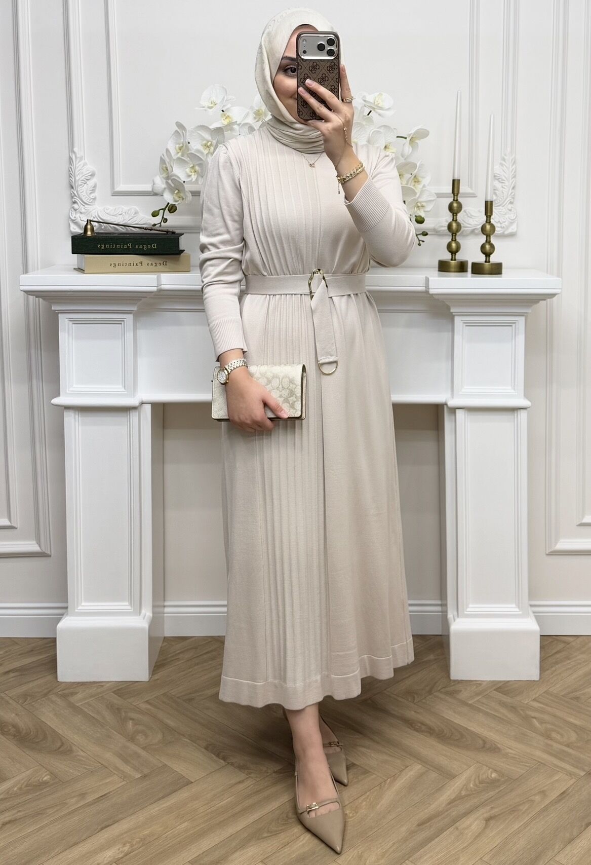 Nehir Kemerli Merserize Elbise Ekru