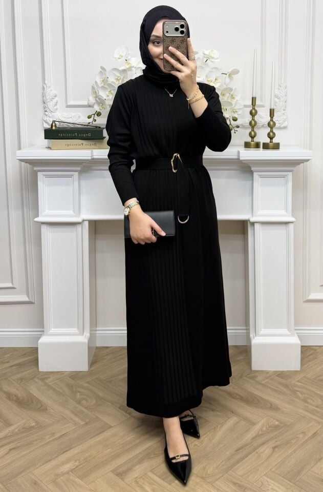 Nehir Kemerli Merserize Elbise Siyah