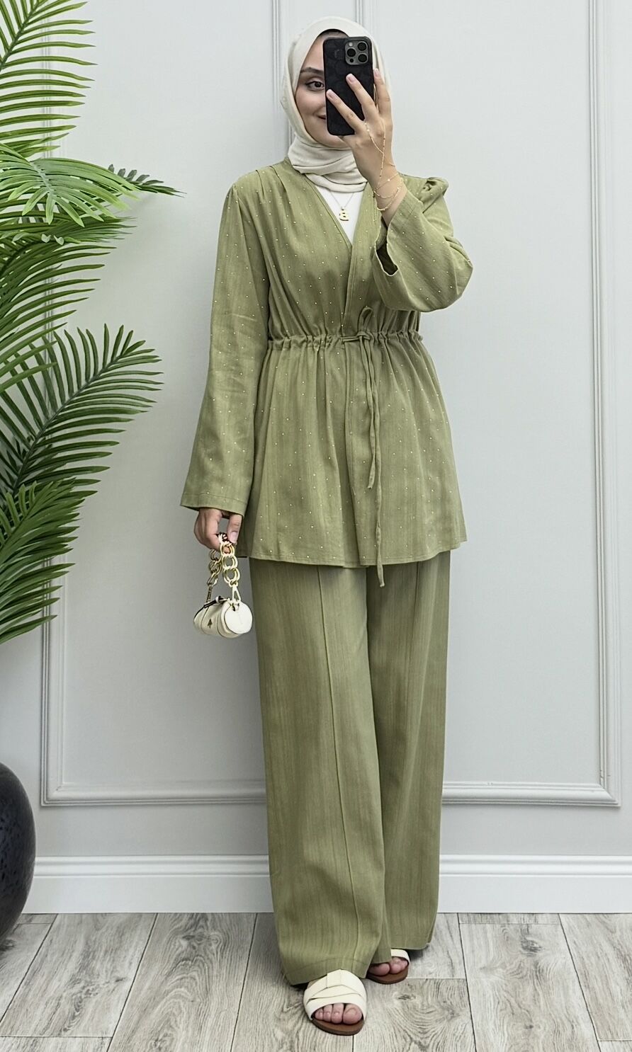 Lidya Taşlı Keten Takım Haki