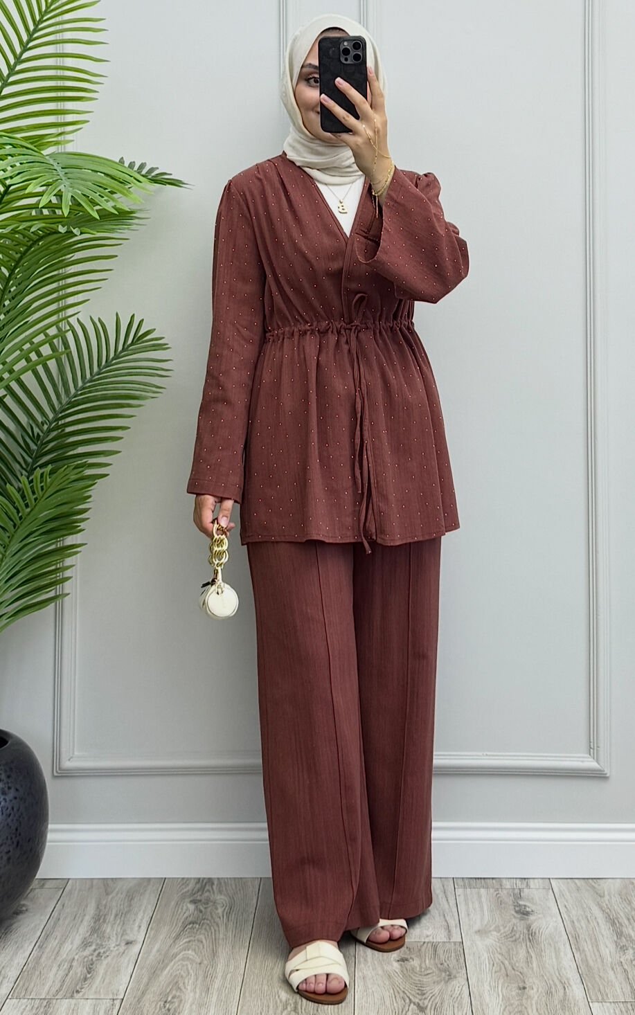 Lidya Taşlı Keten Takım Kiremit