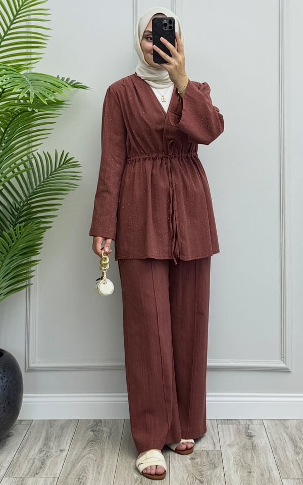 Lidya Taşlı Keten Takım Kiremit