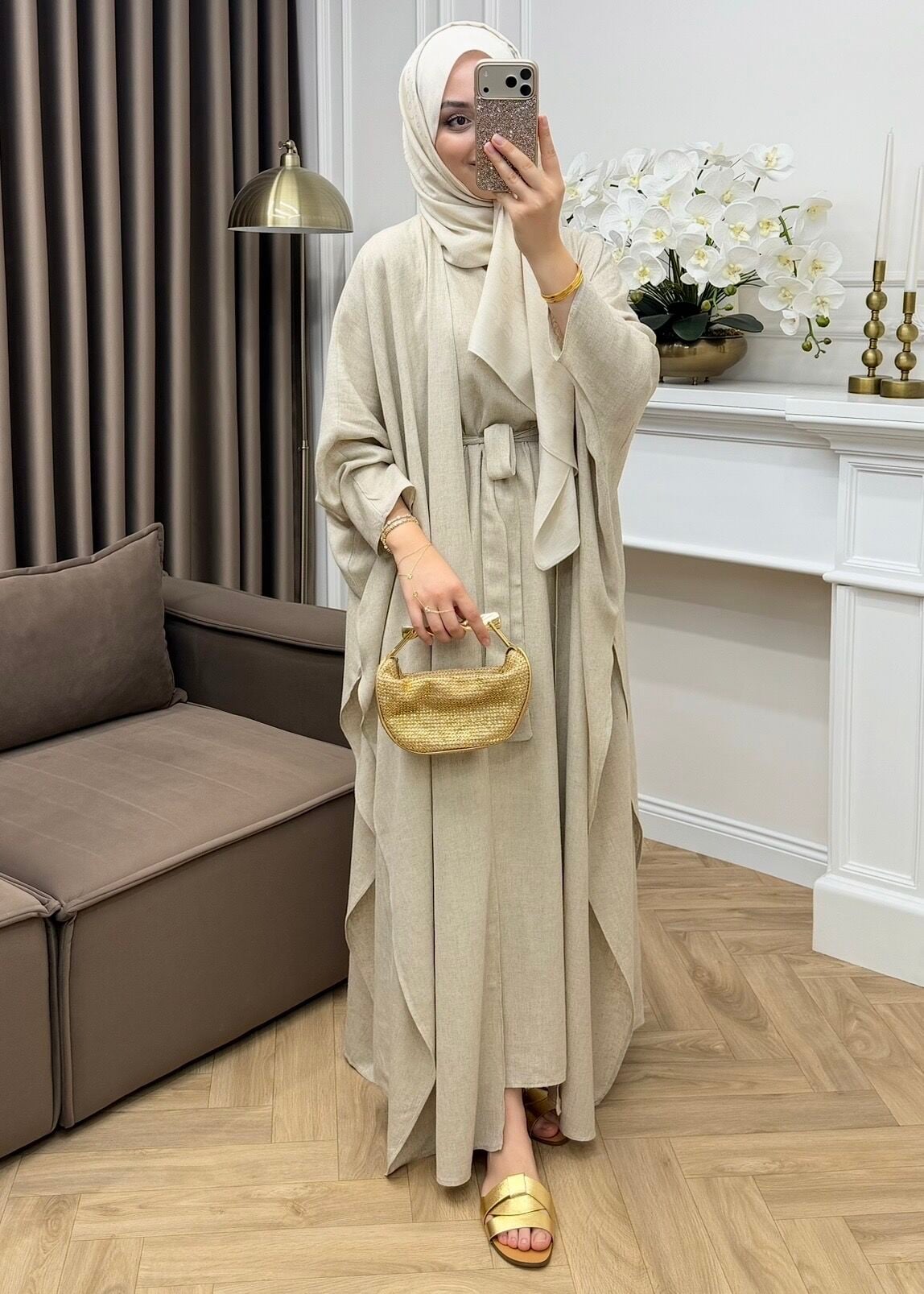 Arya Keten Abaya Takım Naturel