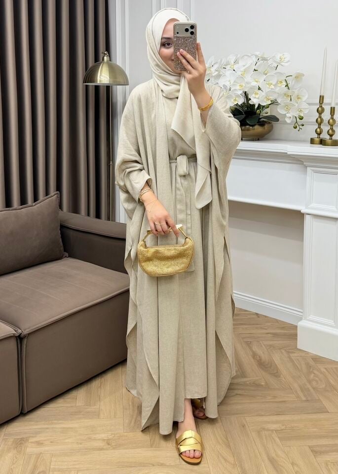 Arya Keten Abaya Takım Naturel