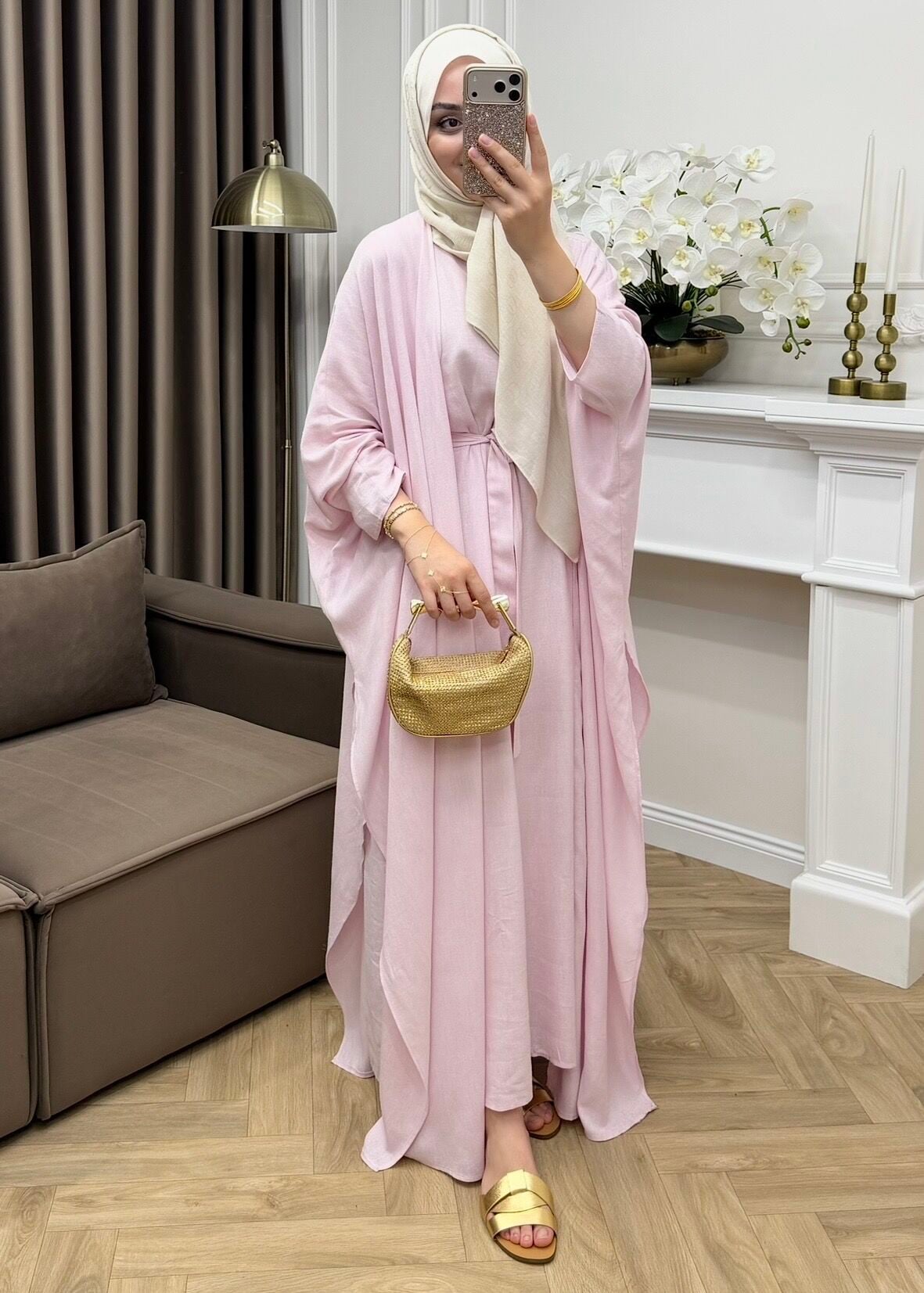 Arya Keten Abaya Takım Pembe