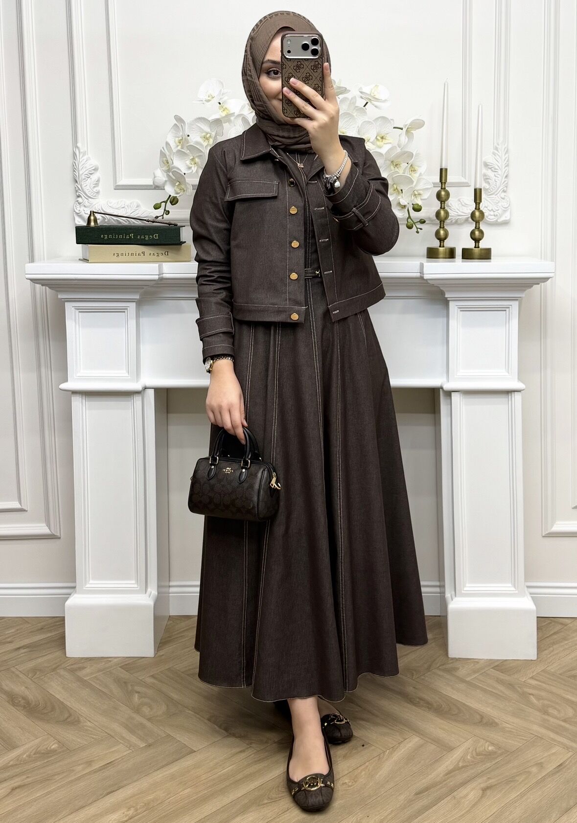 Valen Ceketli Kot Elbiseli Takım Kahverengi