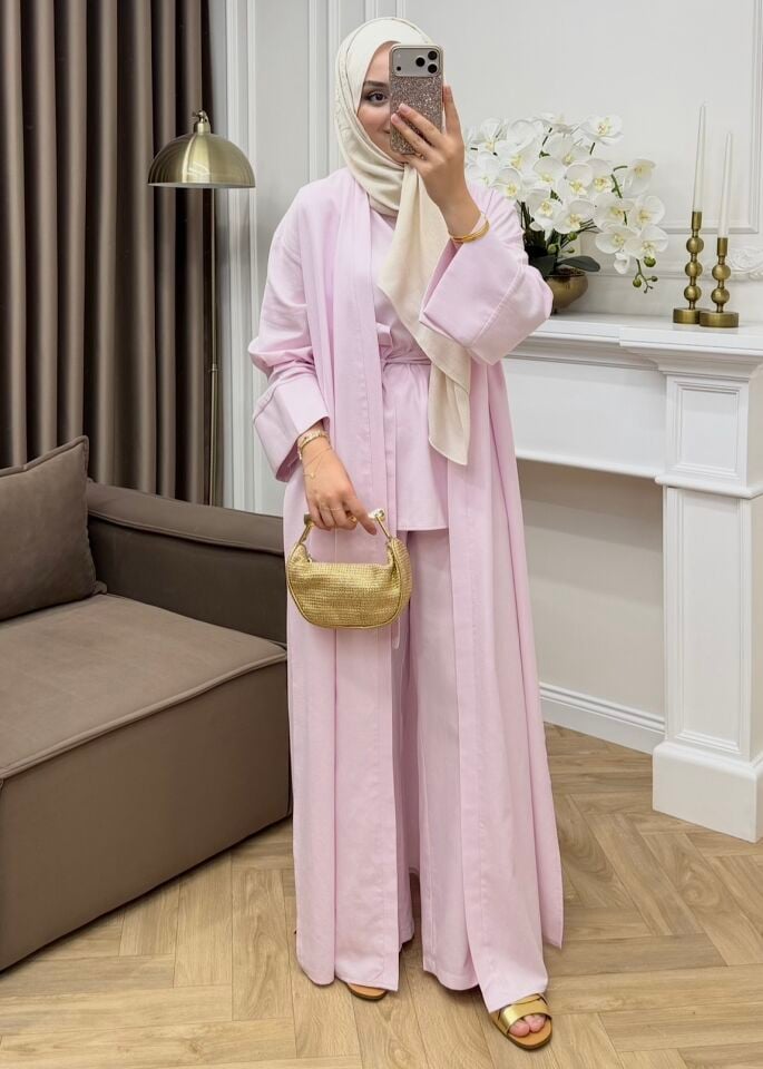 Karan Keten Üçlü Abaya Takım Pembe