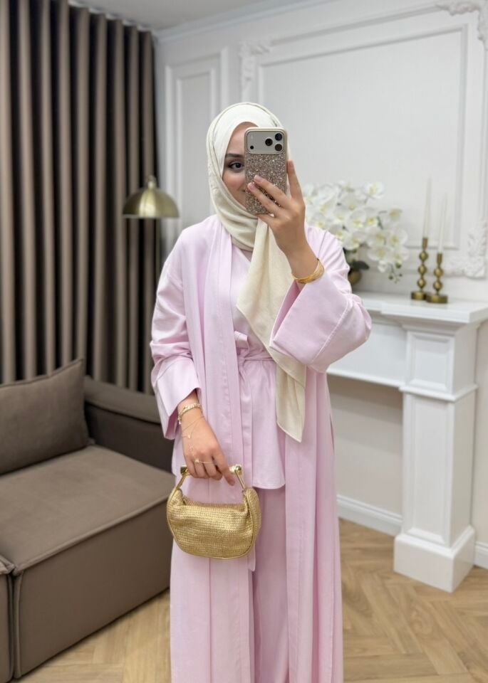 Karan Keten Üçlü Abaya Takım Pembe