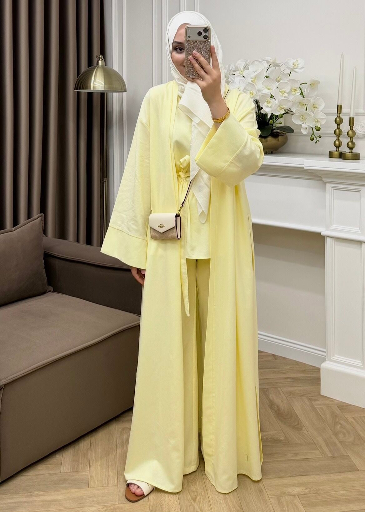 Karan Keten Üçlü Abaya Takım Sarı