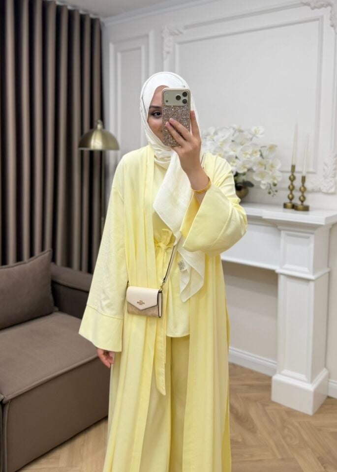 Karan Keten Üçlü Abaya Takım Sarı